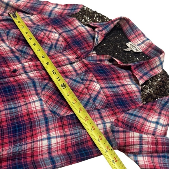 Express Boyfriend Red and Blue Sparkle Panel Plaid Long Sleeve Button Up Size M - Picture 10 of 11